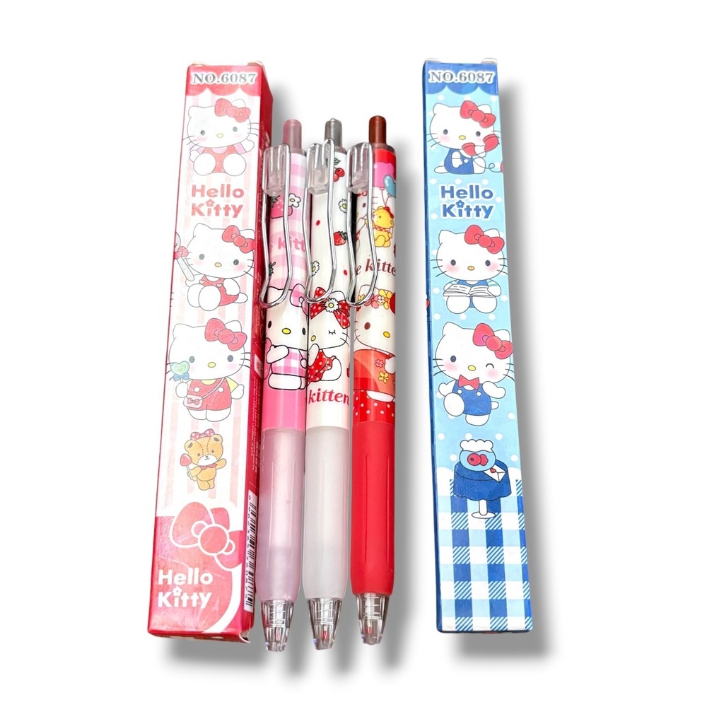 Sanrio Hello Kitty Press Gel Ink Pen Set 3pc Retractable Kawaii Pink Red NO.6087